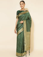 Janasya Green Banarasi Silk Ethnic Motifs Woven Design Saree