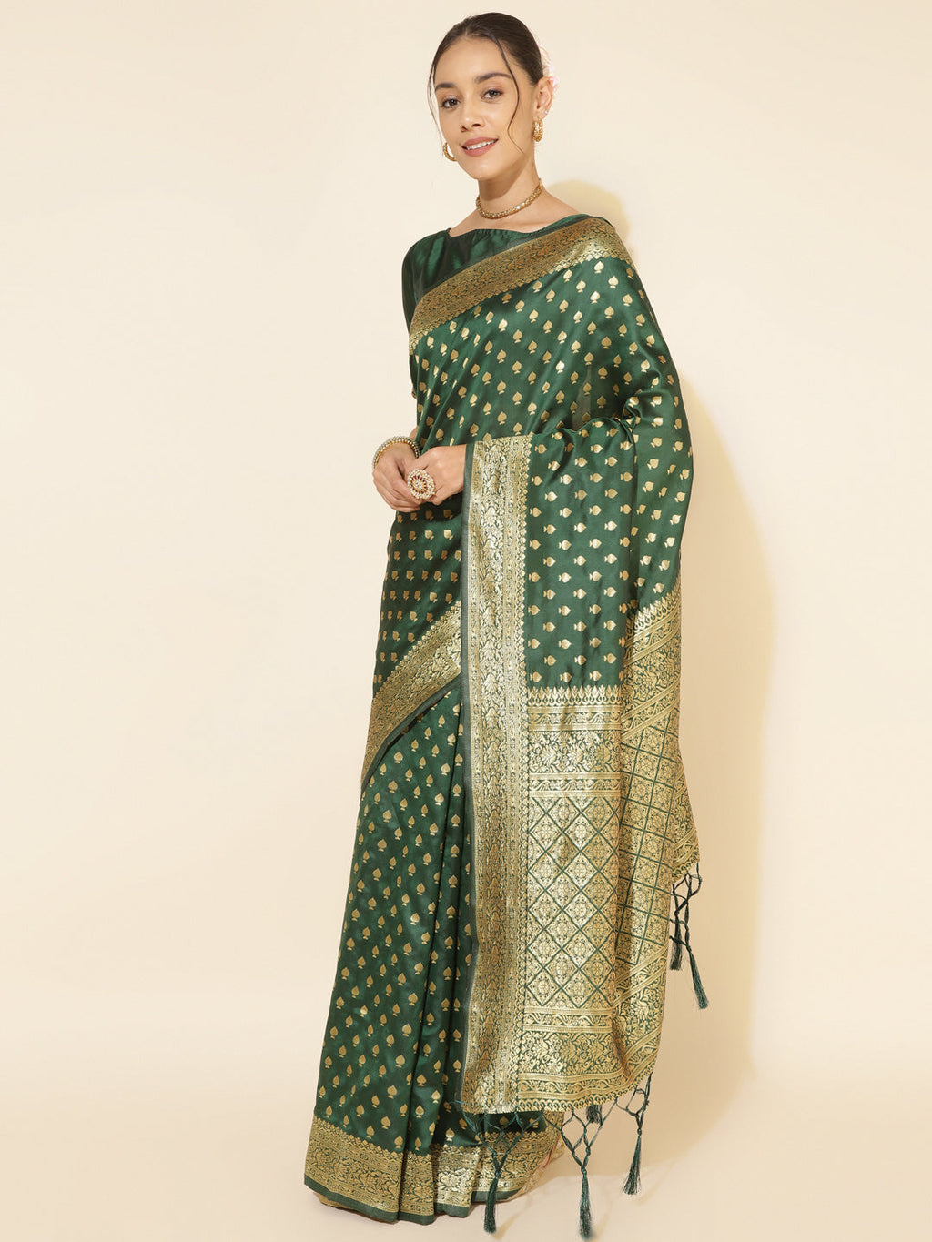 Janasya Green Banarasi Silk Ethnic Motifs Woven Design Saree