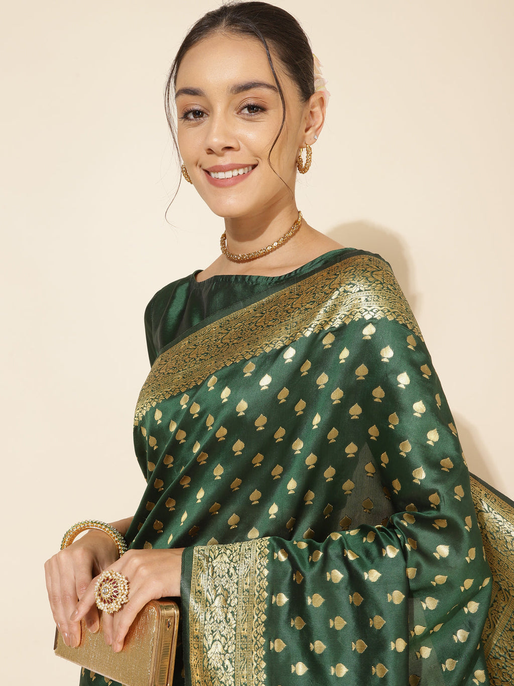 Janasya Green Banarasi Silk Ethnic Motifs Woven Design Saree