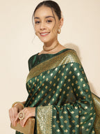 Janasya Green Banarasi Silk Ethnic Motifs Woven Design Saree