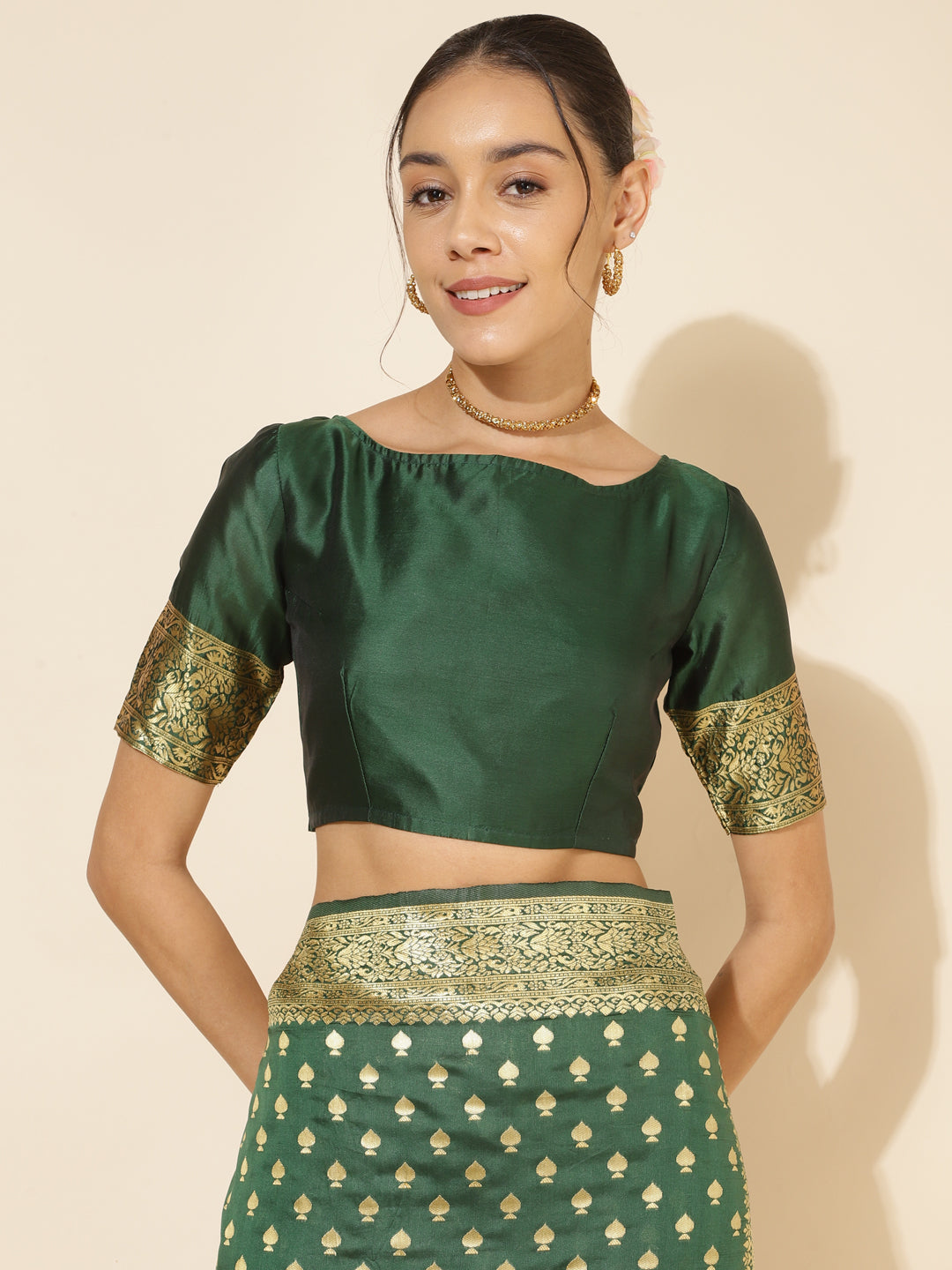Janasya Green Banarasi Silk Ethnic Motifs Woven Design Saree