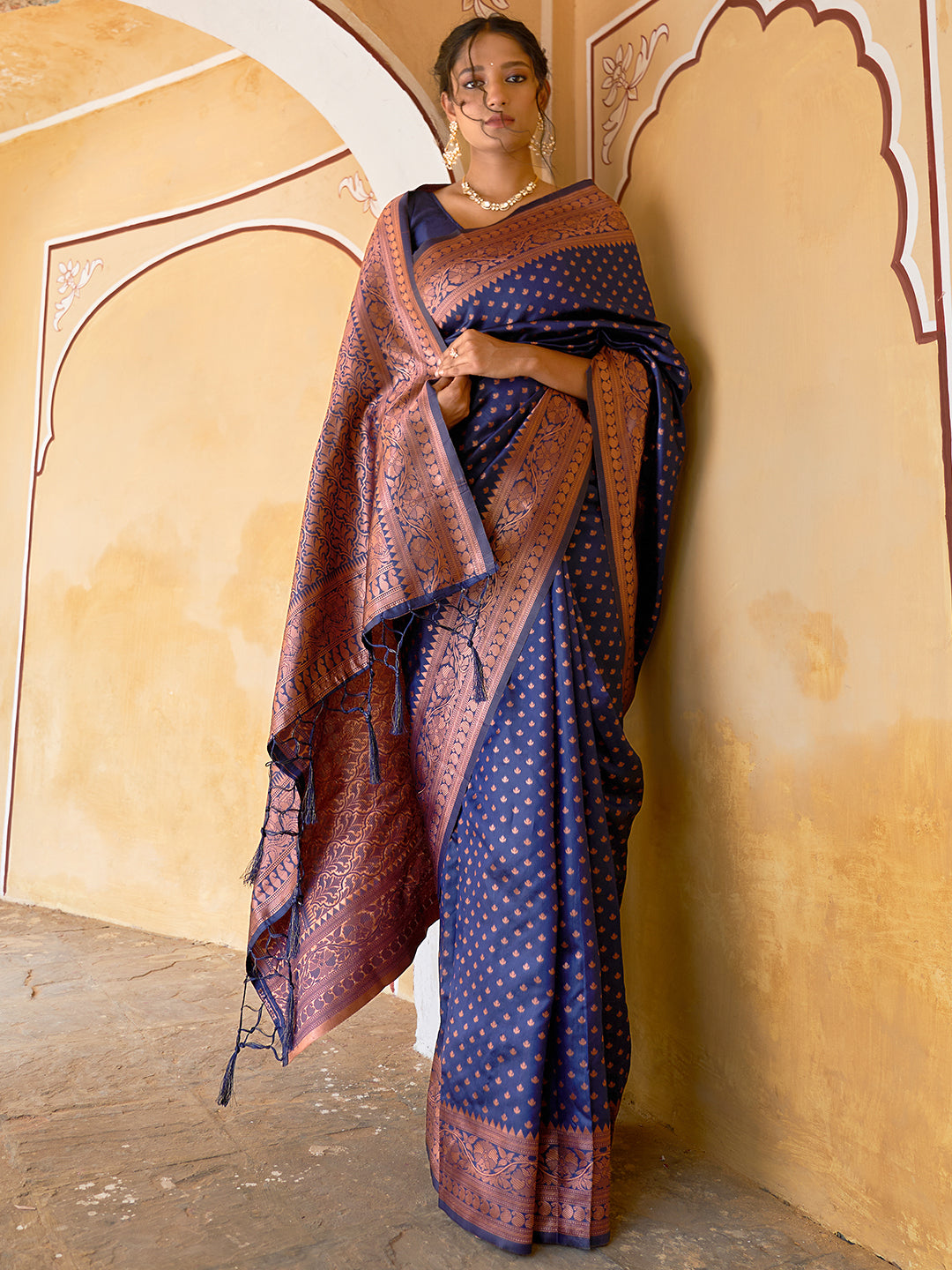 Janasya Navy Blue Banarasi Silk Ethnic Motifs Woven Design Saree - Distacart
