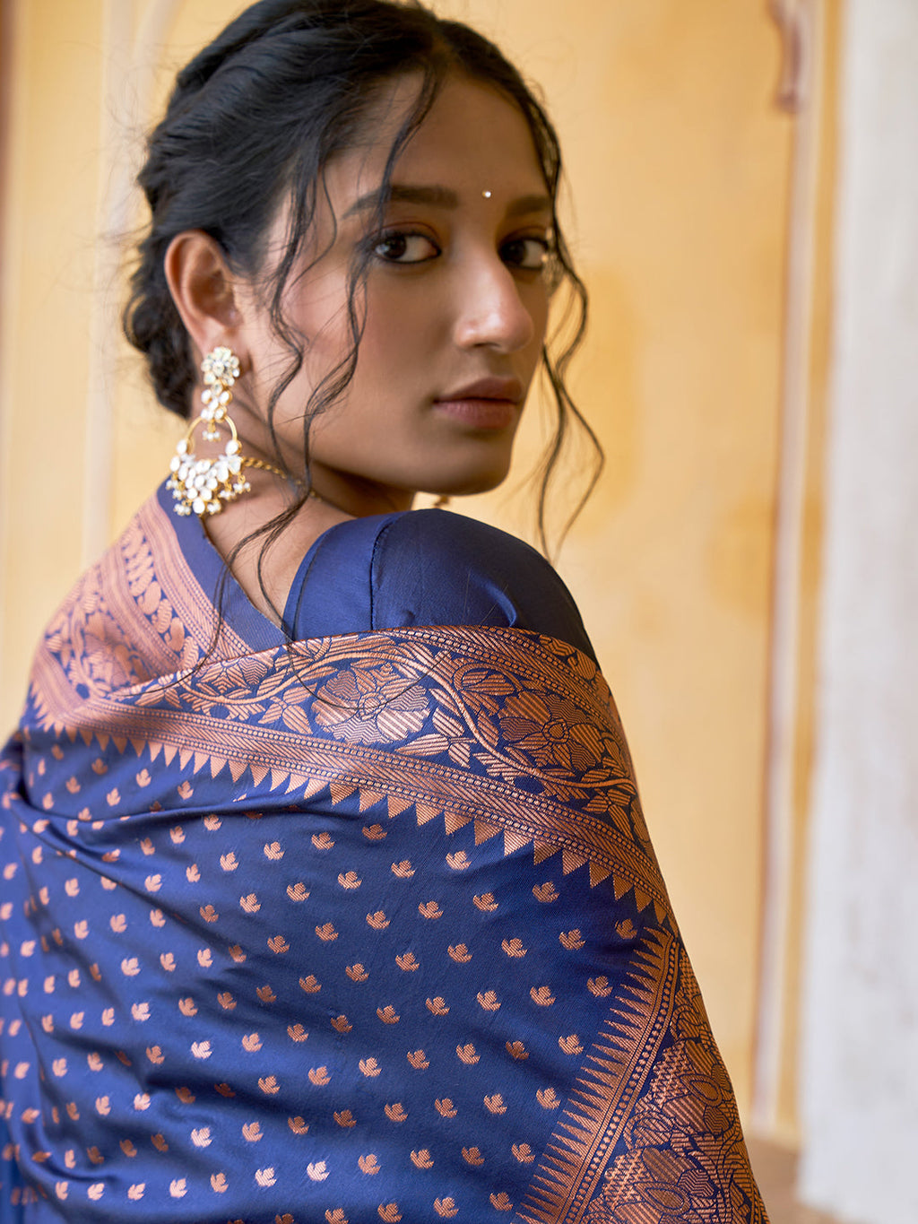 Janasya Navy Blue Banarasi Silk Ethnic Motifs Woven Design Saree - Distacart