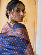 Janasya Navy Blue Banarasi Silk Ethnic Motifs Woven Design Saree - Distacart