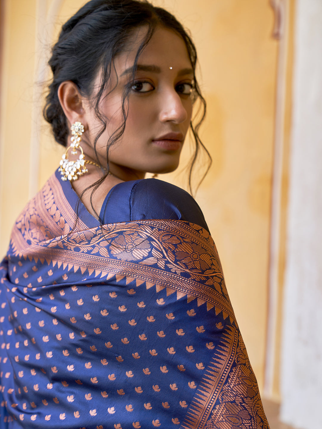 Janasya Navy Blue Banarasi Silk Ethnic Motifs Woven Design Saree - Distacart
