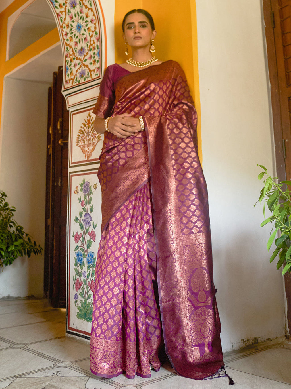 Janasya Wine Banarasi Silk Woven Ethnic Motifs Banarasi Silk Saree - Distacart