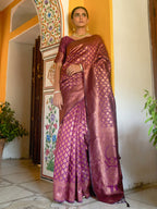 Janasya Wine Banarasi Silk Woven Ethnic Motifs Banarasi Silk Saree - Distacart