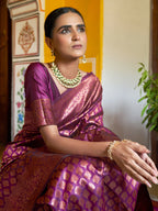 Janasya Wine Banarasi Silk Woven Ethnic Motifs Banarasi Silk Saree - Distacart