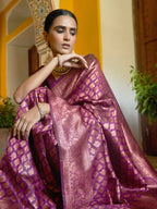 Janasya Wine Banarasi Silk Woven Ethnic Motifs Banarasi Silk Saree - Distacart