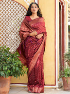Janasya Maroon Banarasi Silk Ethnic Motifs Woven Design Saree