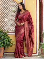 Janasya Maroon Banarasi Silk Ethnic Motifs Woven Design Saree