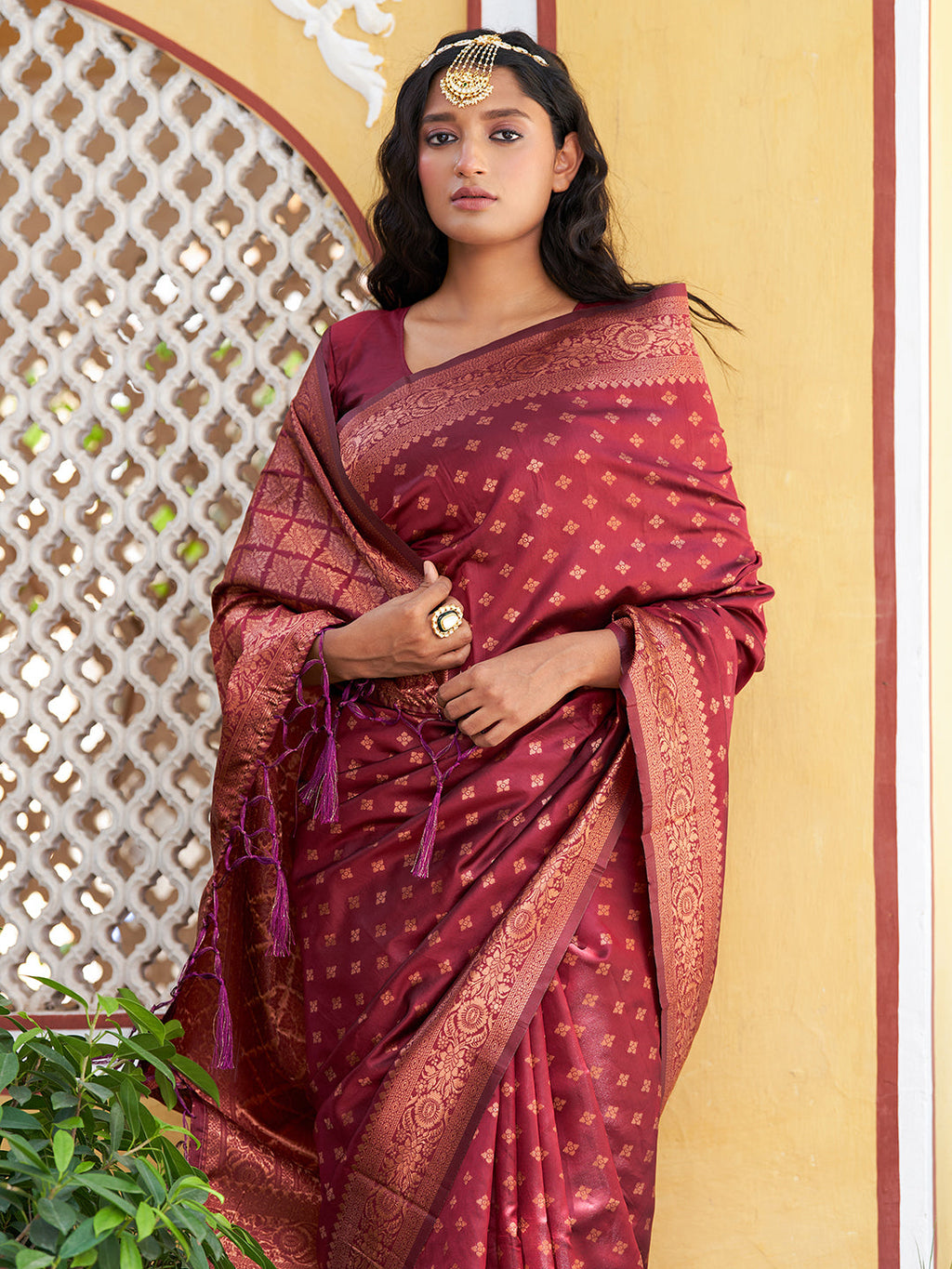 Janasya Maroon Banarasi Silk Ethnic Motifs Woven Design Saree