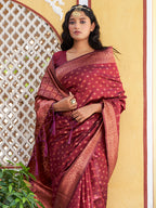 Janasya Maroon Banarasi Silk Ethnic Motifs Woven Design Saree