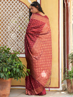 Janasya Maroon Banarasi Silk Ethnic Motifs Woven Design Saree