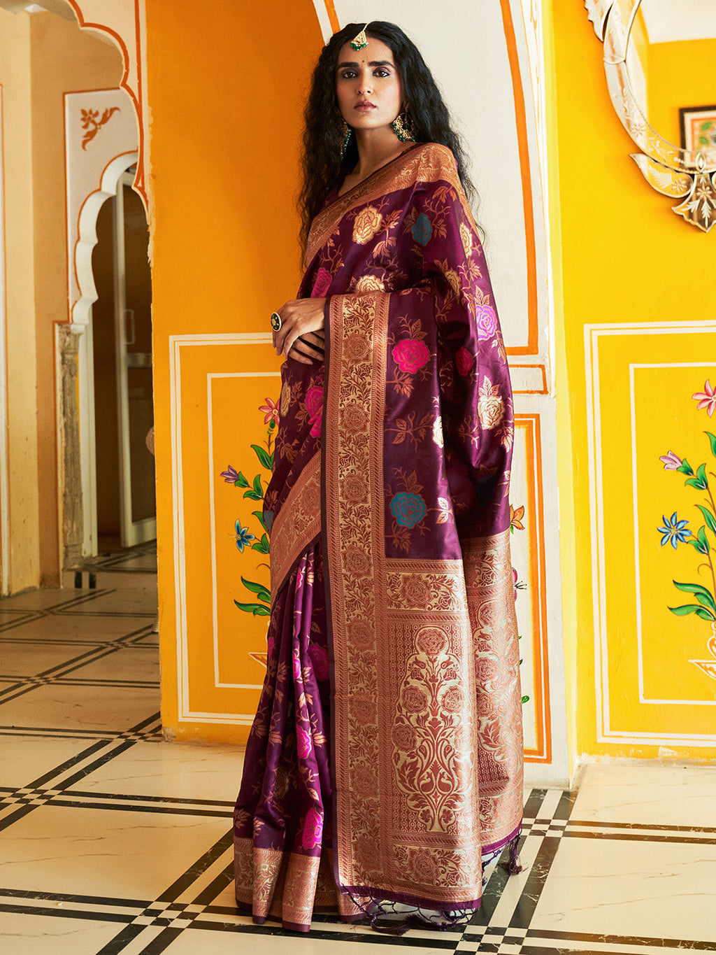 Janasya Wine Banarasi Silk Ethnic Motifs Woven Design Saree - Distacart