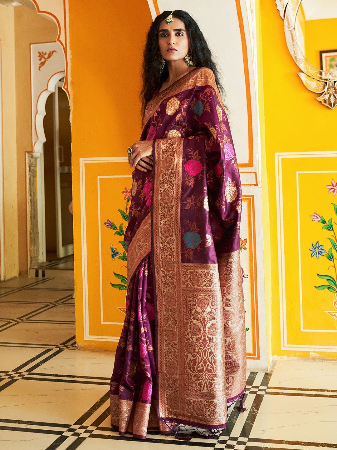 Janasya Wine Banarasi Silk Ethnic Motifs Woven Design Saree - Distacart