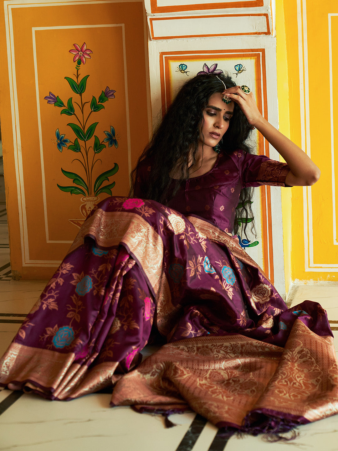 Janasya Wine Banarasi Silk Ethnic Motifs Woven Design Saree - Distacart