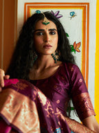 Janasya Wine Banarasi Silk Ethnic Motifs Woven Design Saree - Distacart