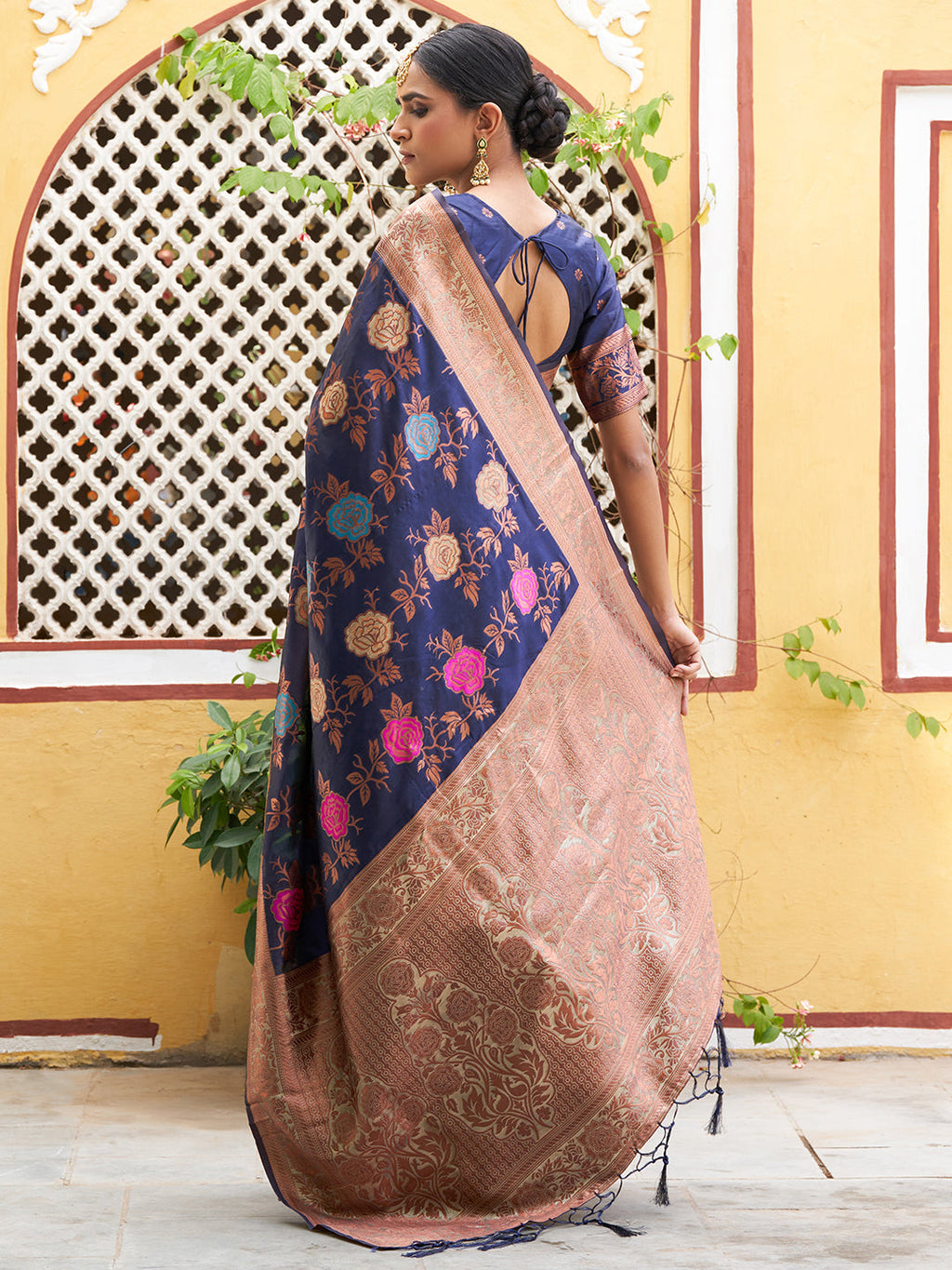 Janasya Navy Blue Banarasi Silk Floral Woven Design Saree - Distacart