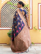 Janasya Navy Blue Banarasi Silk Floral Woven Design Saree - Distacart