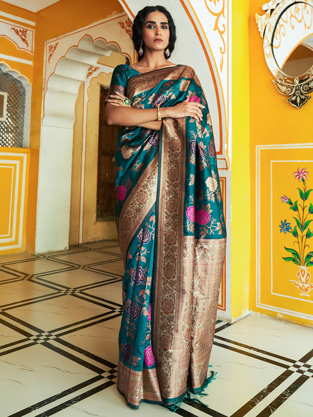 Janasya Dark Green Banarasi Silk Floral Woven Design Saree