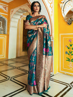 Janasya Dark Green Banarasi Silk Floral Woven Design Saree