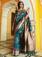 Janasya Dark Green Banarasi Silk Floral Woven Design Saree