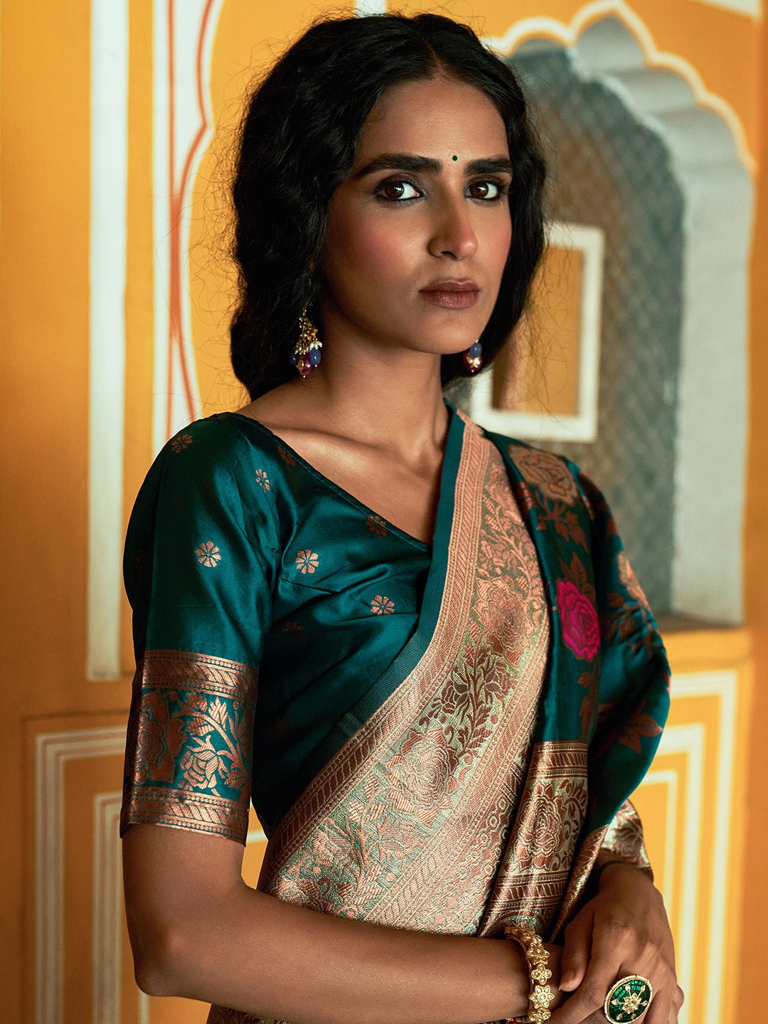 Janasya Dark Green Banarasi Silk Floral Woven Design Saree