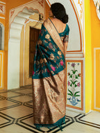 Janasya Dark Green Banarasi Silk Floral Woven Design Saree