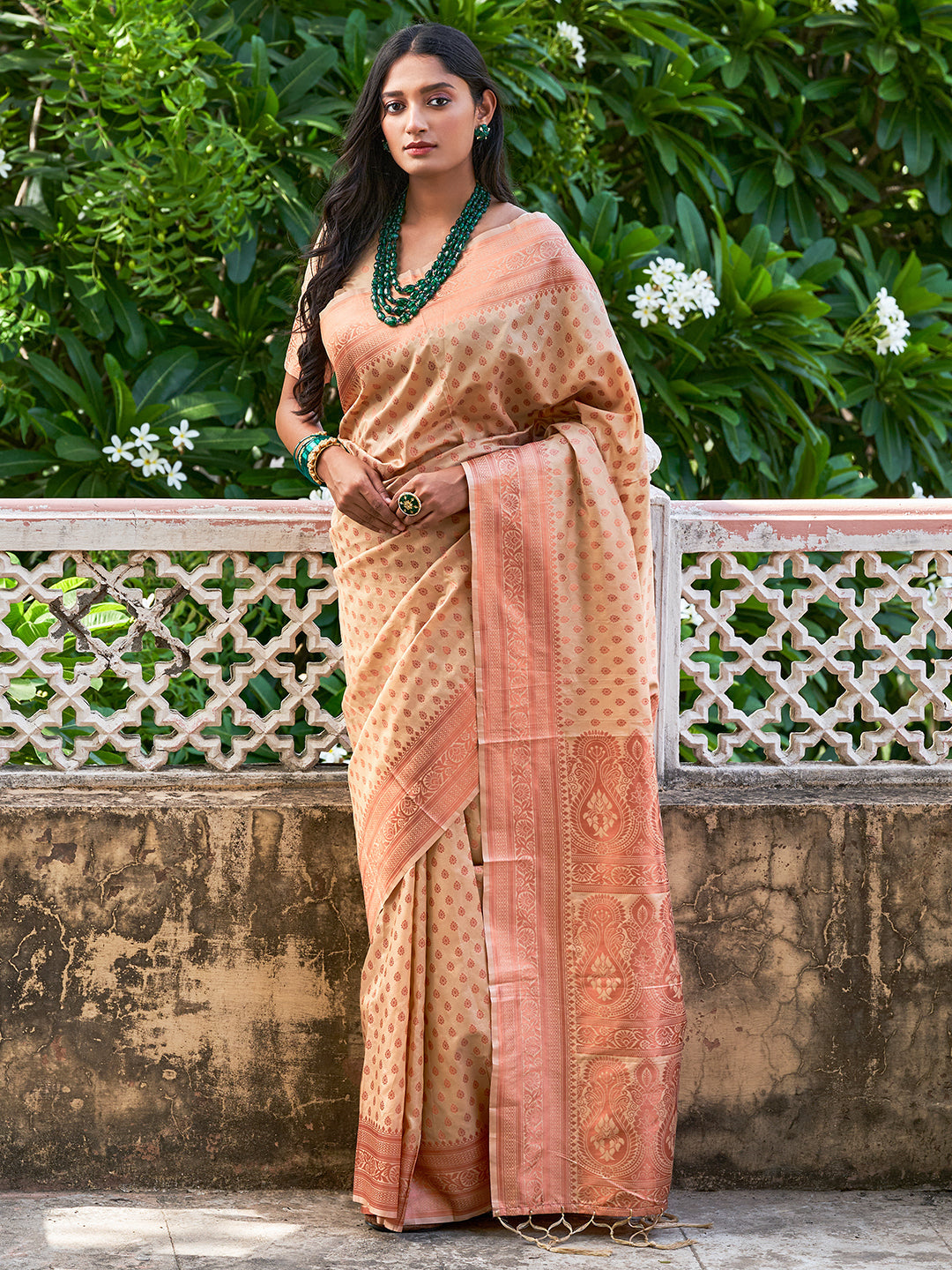 Janasya Beige Chanderi Silk Ethnic Motifs Woven Design Saree