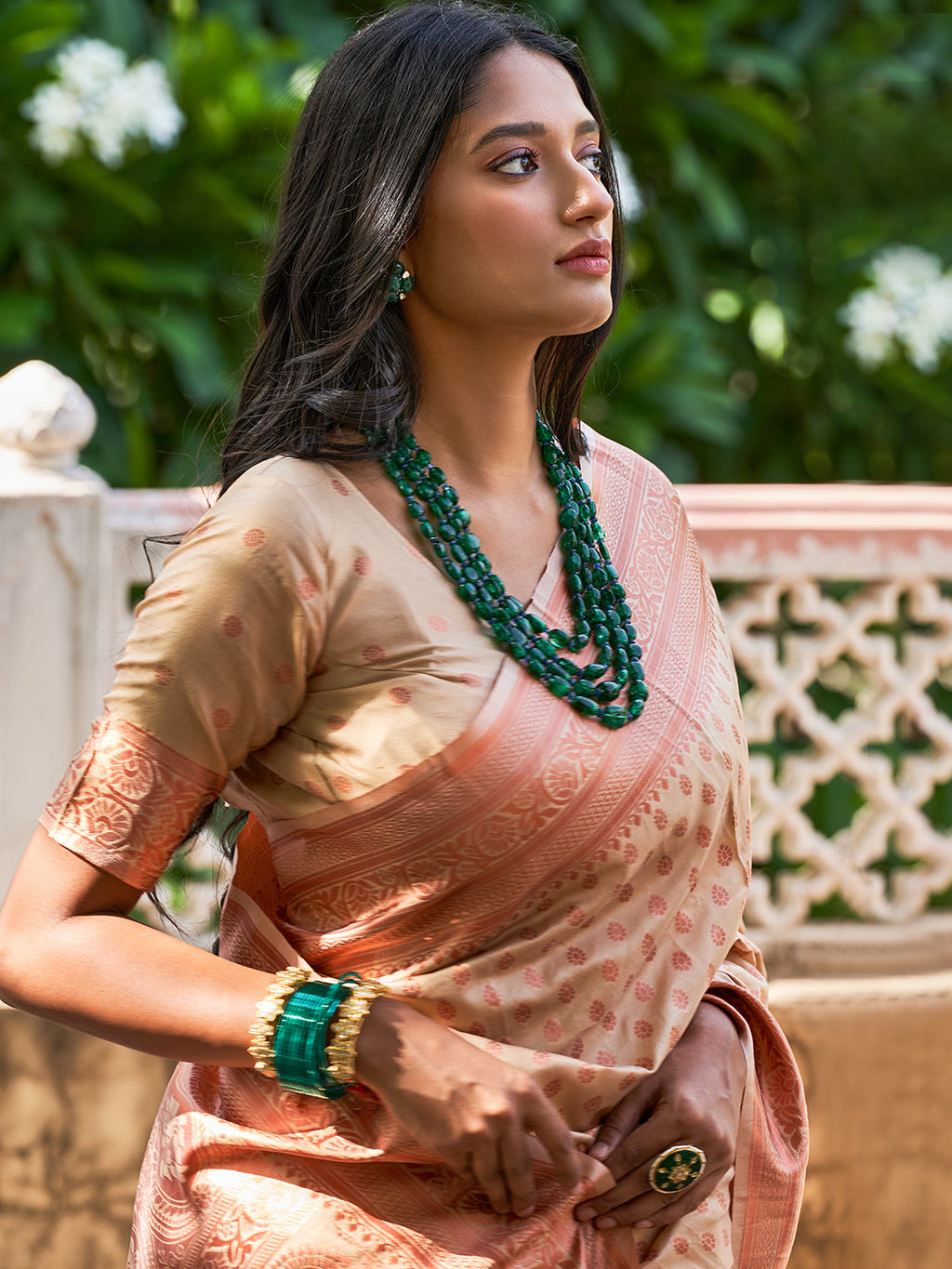 Janasya Beige Chanderi Silk Ethnic Motifs Woven Design Saree