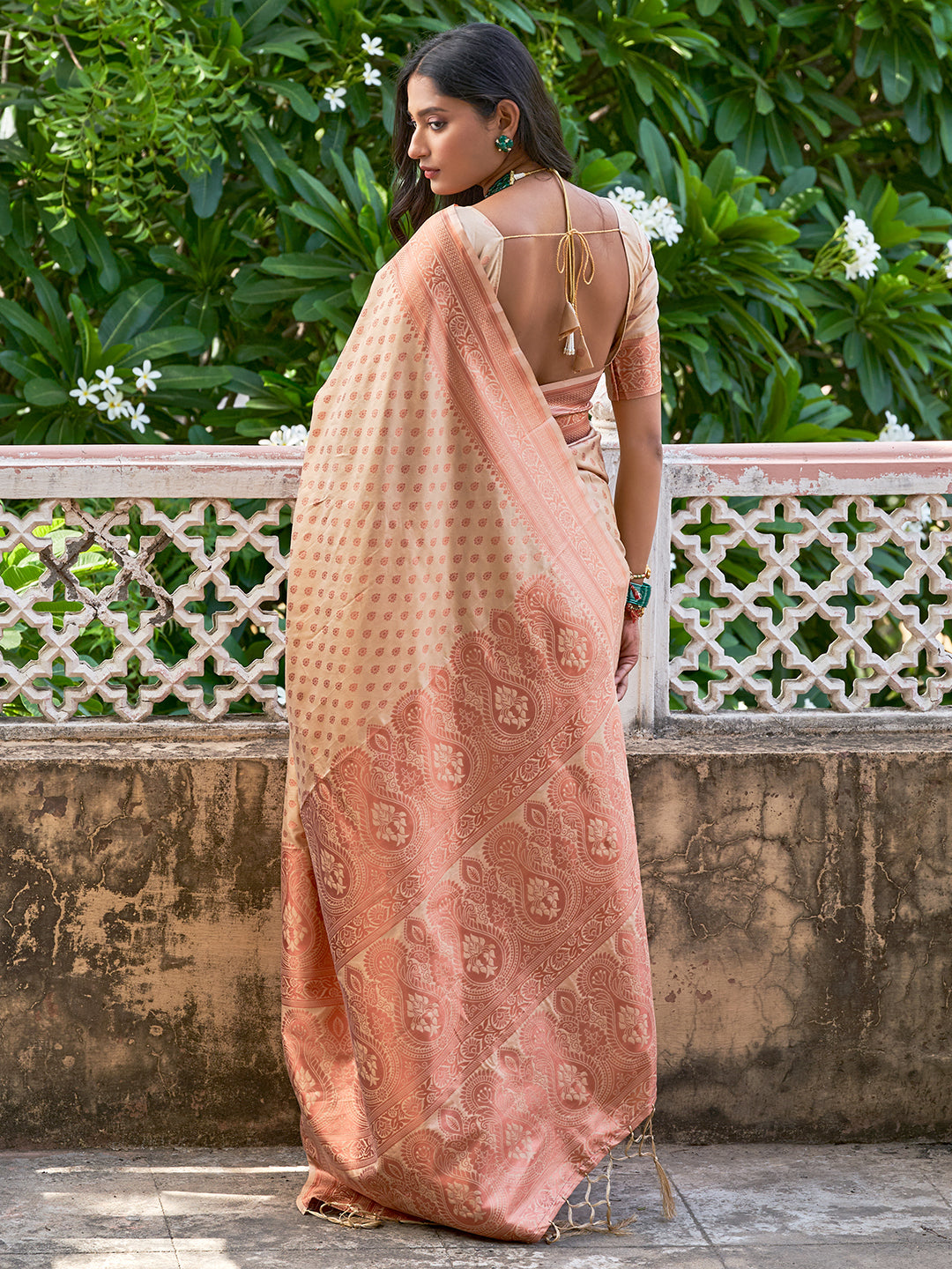 Janasya Beige Chanderi Silk Ethnic Motifs Woven Design Saree