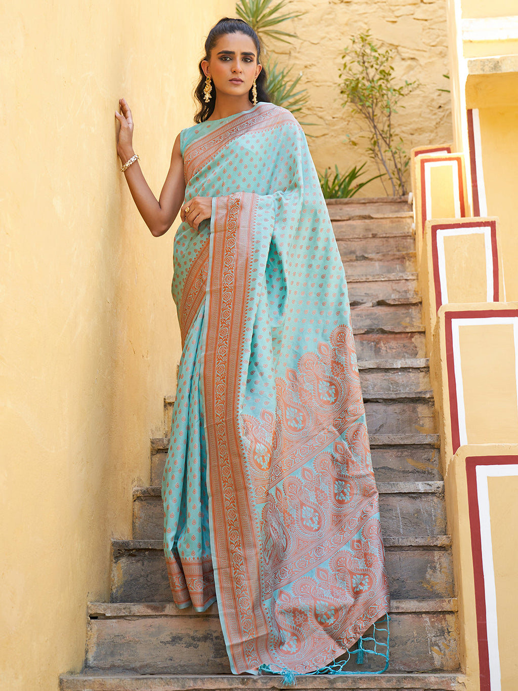 Janasya Sea Green Chanderi Silk Ethnic Motifs Woven Design Saree