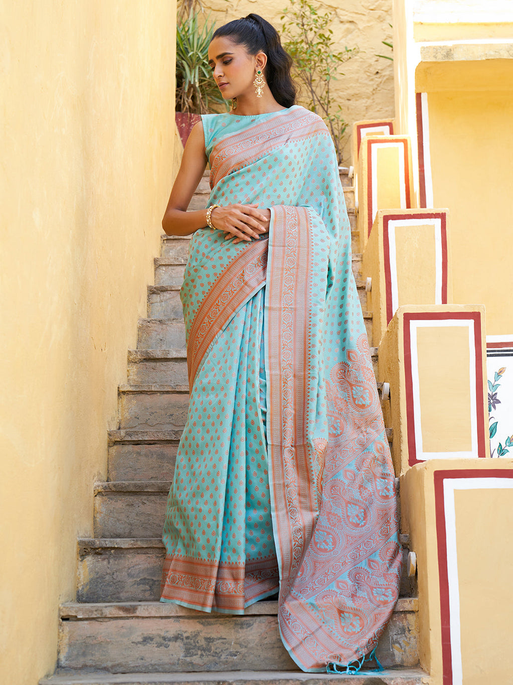 Janasya Sea Green Chanderi Silk Ethnic Motifs Woven Design Saree