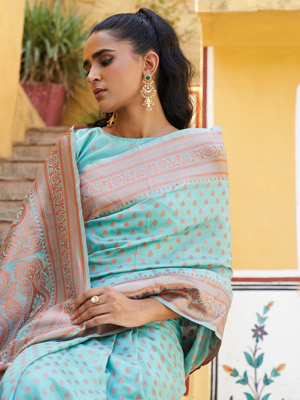 Janasya Sea Green Chanderi Silk Ethnic Motifs Woven Design Saree