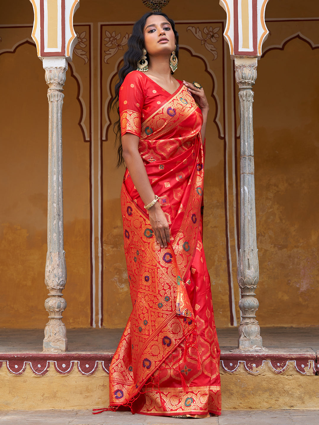Janasya Red Banarasi Silk Ethnic Motifs Woven Design Saree - Distacart