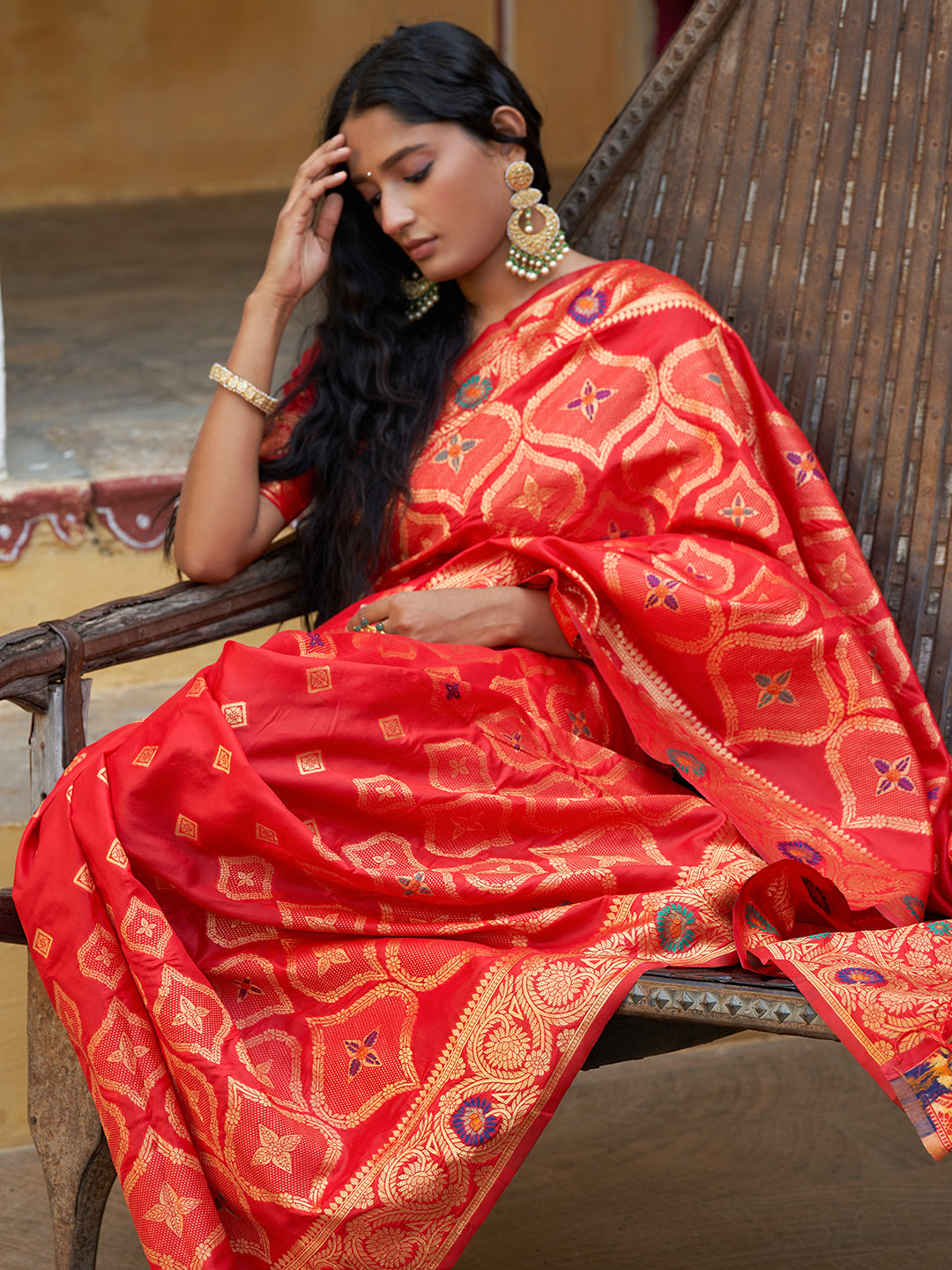 Janasya Red Banarasi Silk Ethnic Motifs Woven Design Saree - Distacart