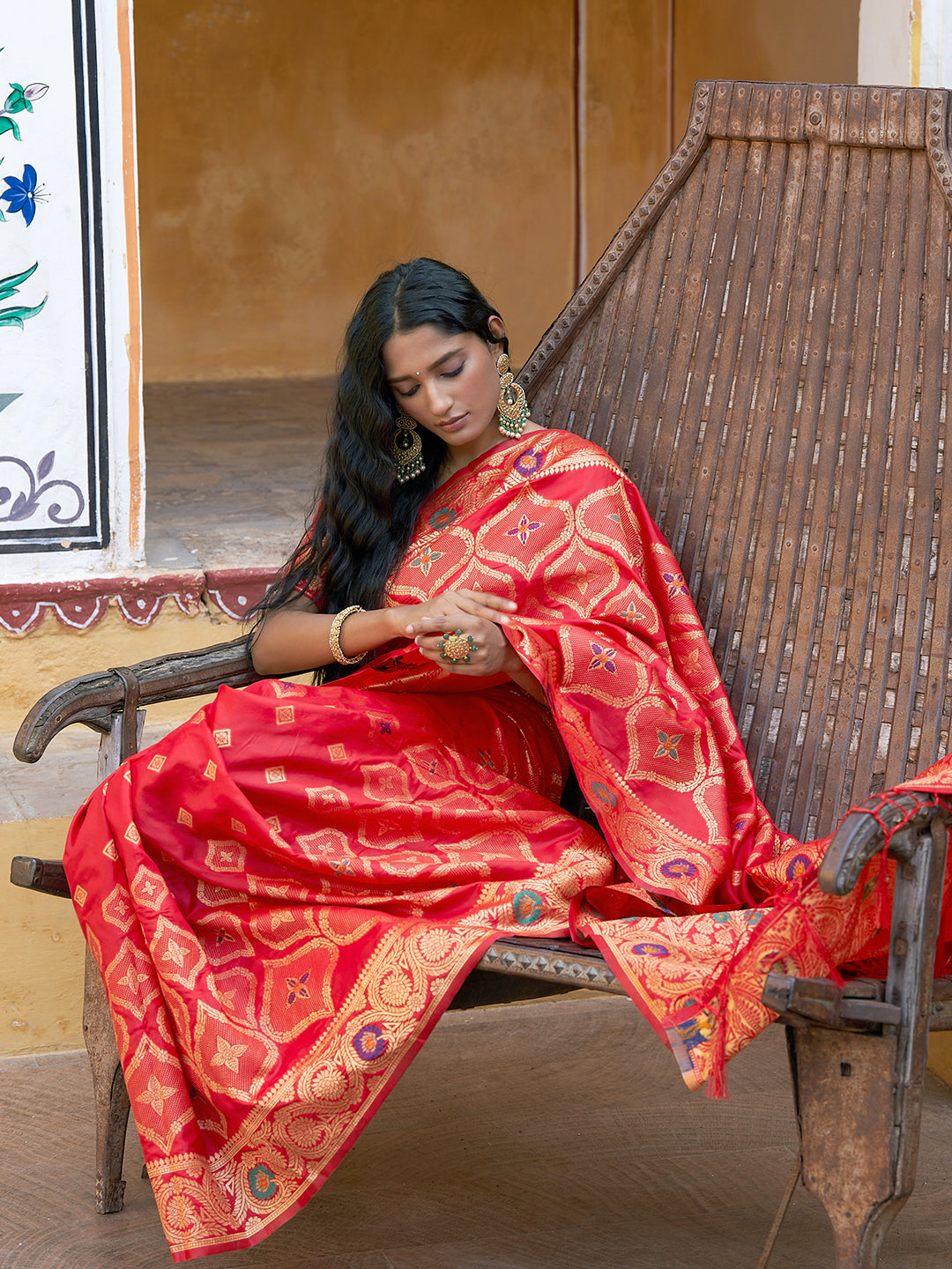 Janasya Red Banarasi Silk Ethnic Motifs Woven Design Saree - Distacart