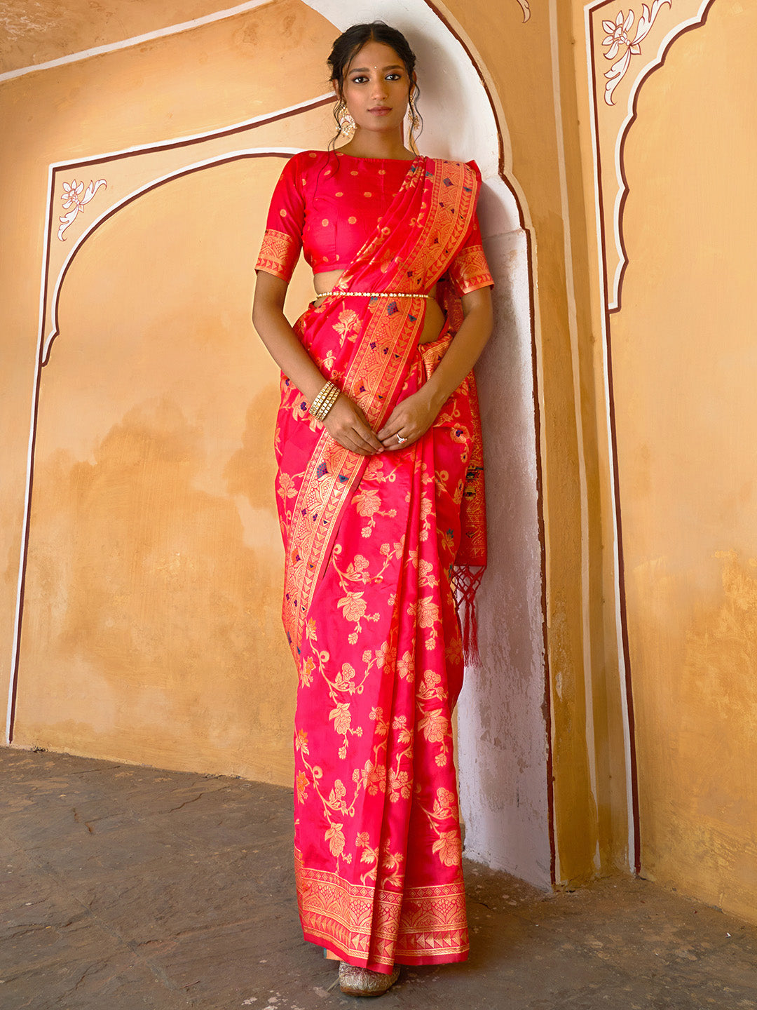 Janasya Pink Banarasi Silk Floral Woven Jaal Saree - Distacart