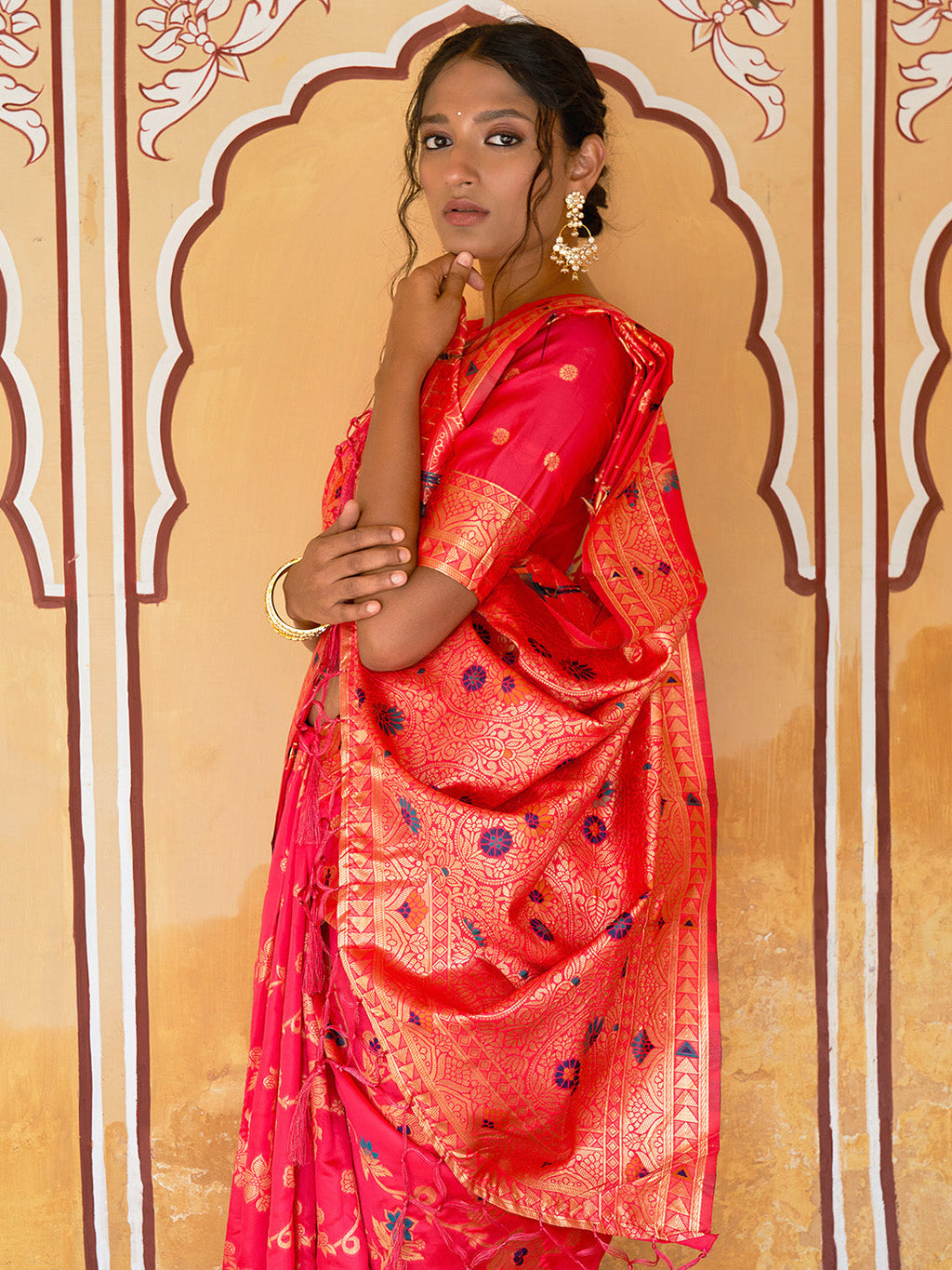 Janasya Pink Banarasi Silk Floral Woven Jaal Saree - Distacart