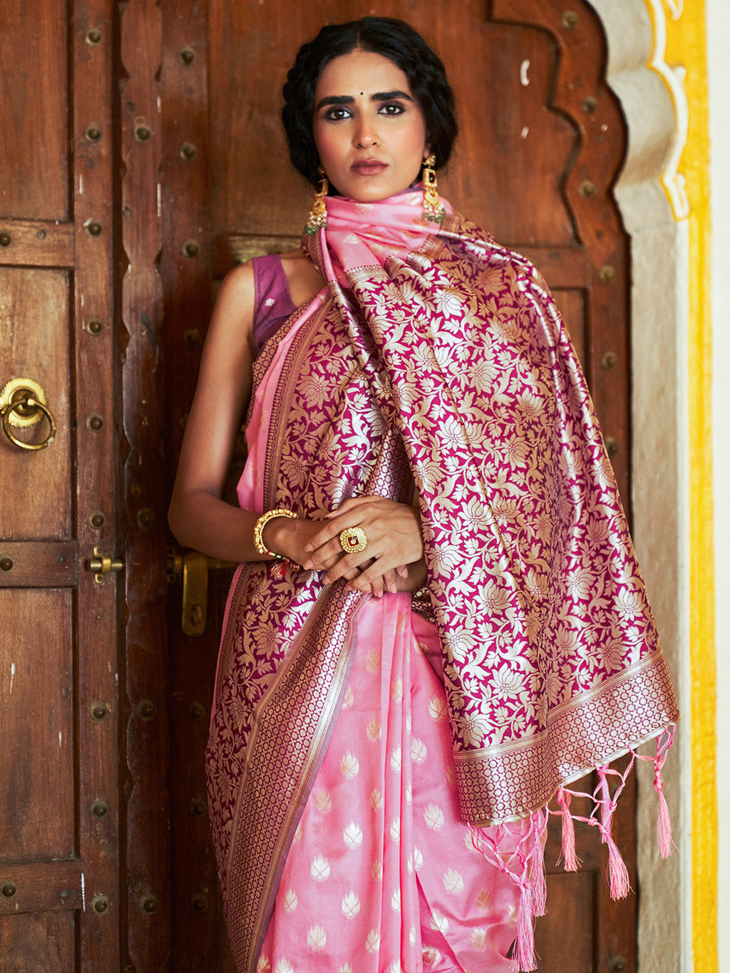 Janasya Pink Banarasi Silk Woven Ethnic Motifs Woven Design Saree