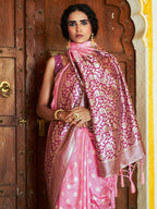 Janasya Pink Banarasi Silk Woven Ethnic Motifs Woven Design Saree