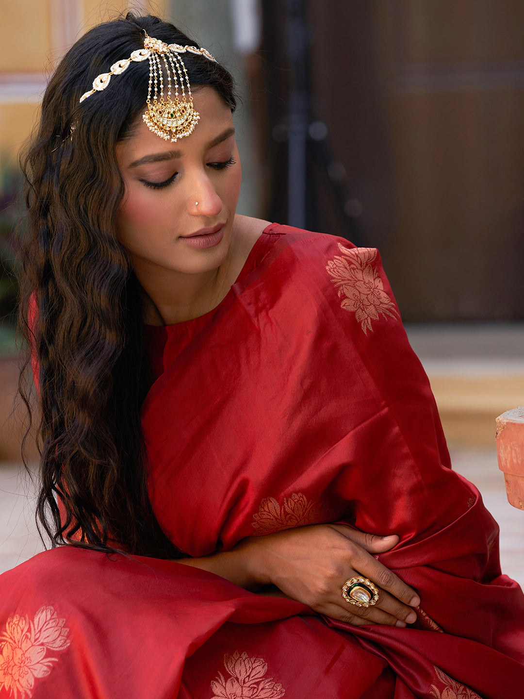 Janasya Red Kanjeevaram Silk Floral Motif Kanjeevaram Silk Saree