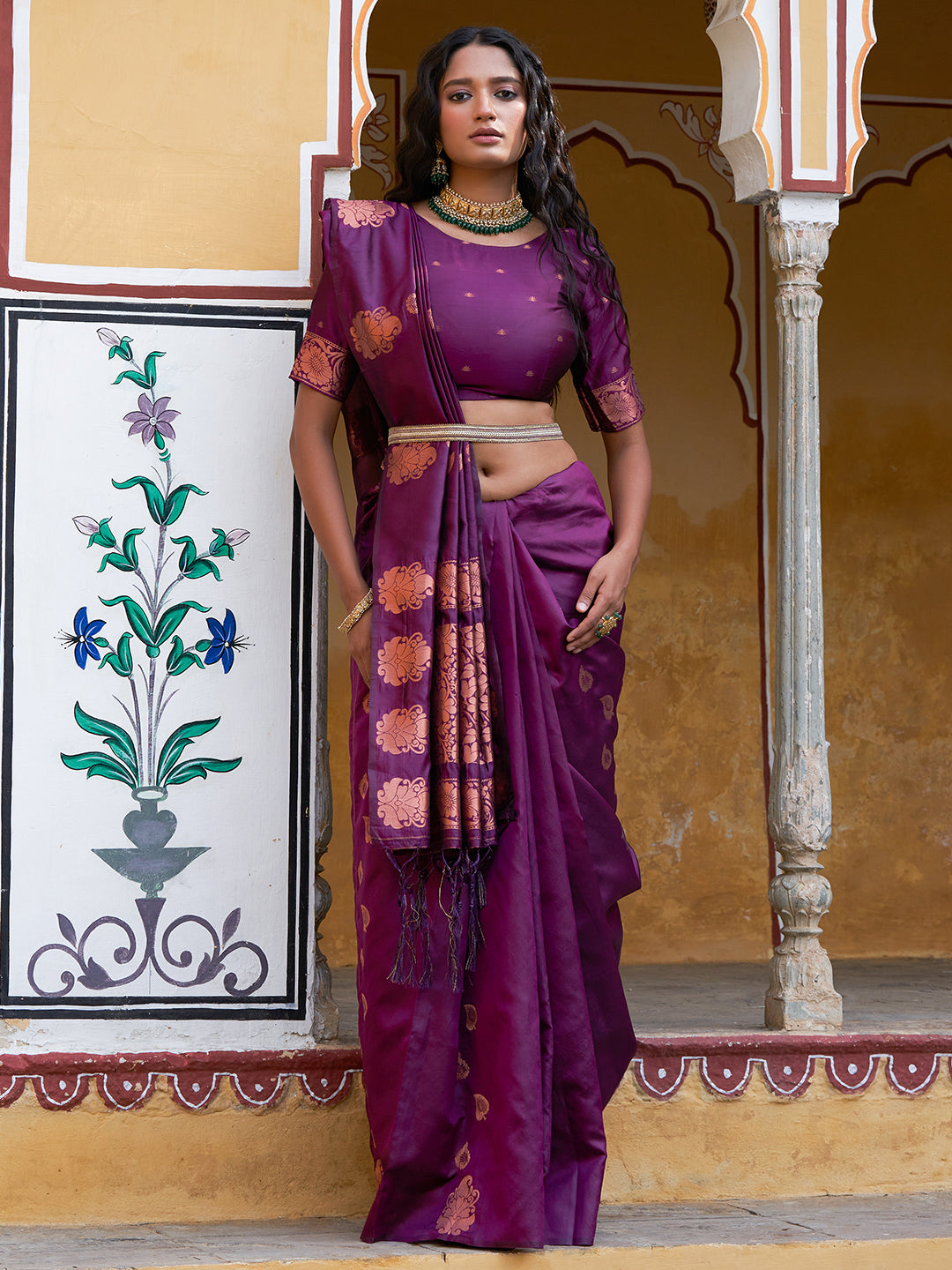 Janasya Wine Kanjeevaram Silk Woven Ethnic Motifs Kanjeevaram Silk Saree - Distacart