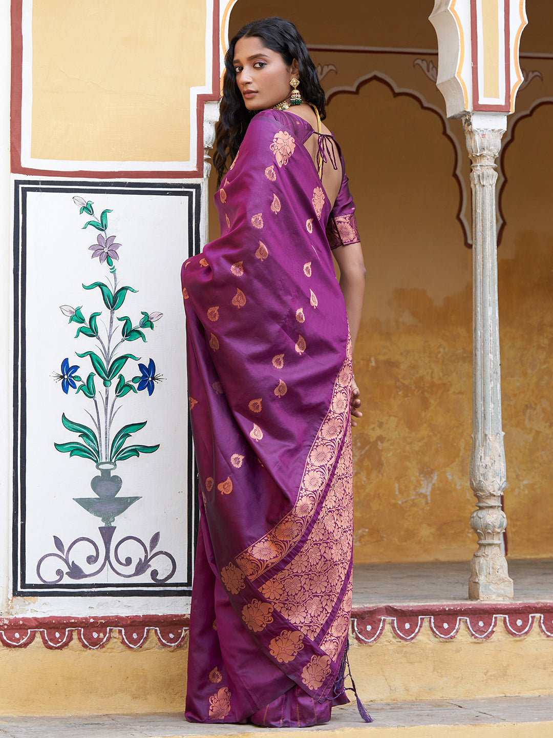 Janasya Wine Kanjeevaram Silk Woven Ethnic Motifs Kanjeevaram Silk Saree - Distacart
