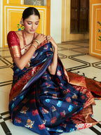 Janasya Navy Blue Cotton Silk Woven Ethnic Motifs Patola Saree - Distacart