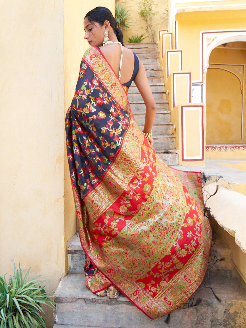 Janasya Navy Blue Chanderi Silk Pashmina Woven Design Saree - Distacart