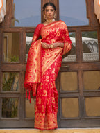 Janasya Red Banarasi Silk Paisley Woven Design Saree