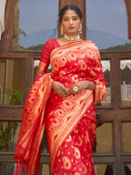Janasya Red Banarasi Silk Paisley Woven Design Saree