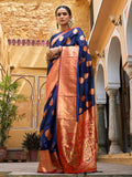 Janasya Navy Blue Silk Blend Woven Ethnic Motifs Woven Design Saree